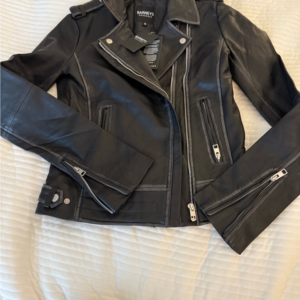 Barney’s Originals -Black Leather Moto Jacket with Silver Accents - Picture 4 of 4